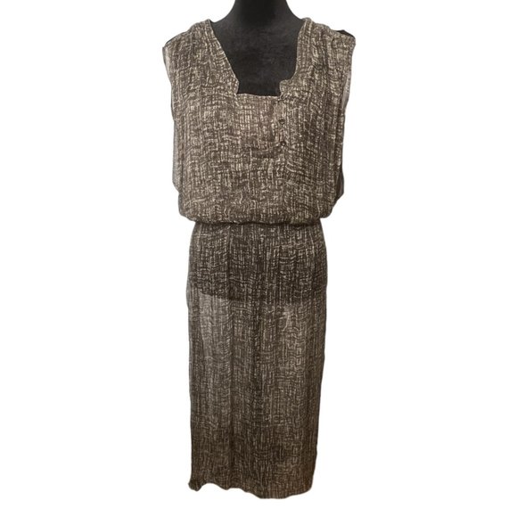 Burning Torch Karyn Craven Size S Silk Dress Sheer Short Sleeve Abstract Brown - Picture 1 of 14